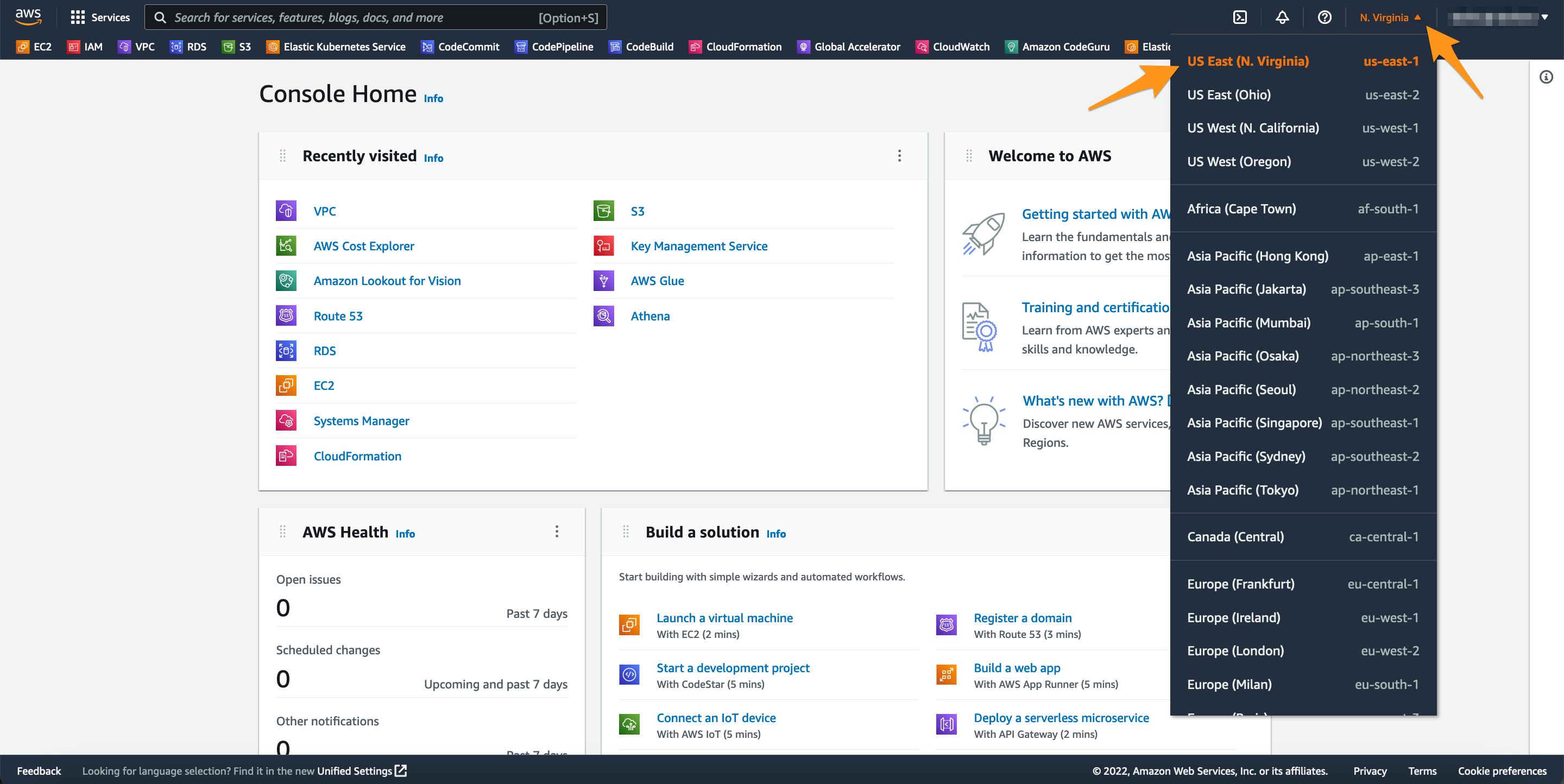 AWS Management Console region select