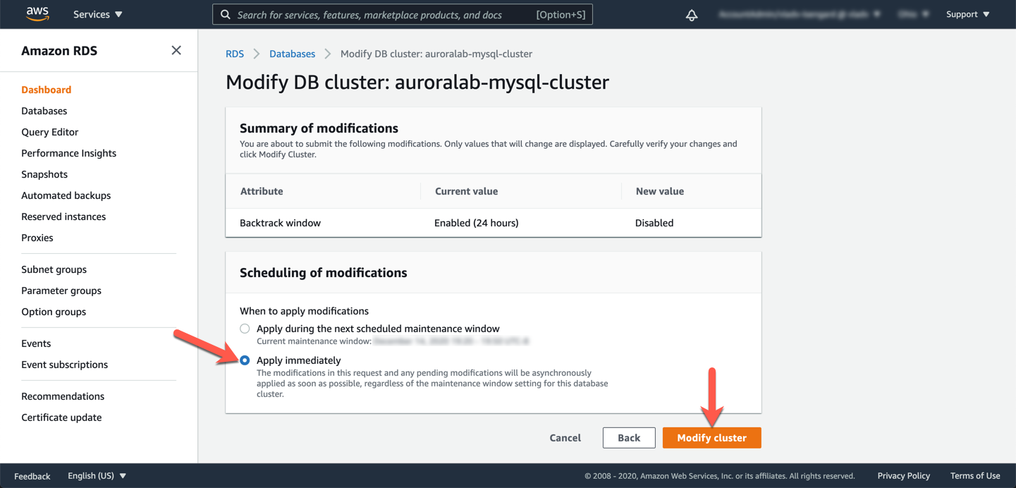 RDS Cluster Confirm Changes